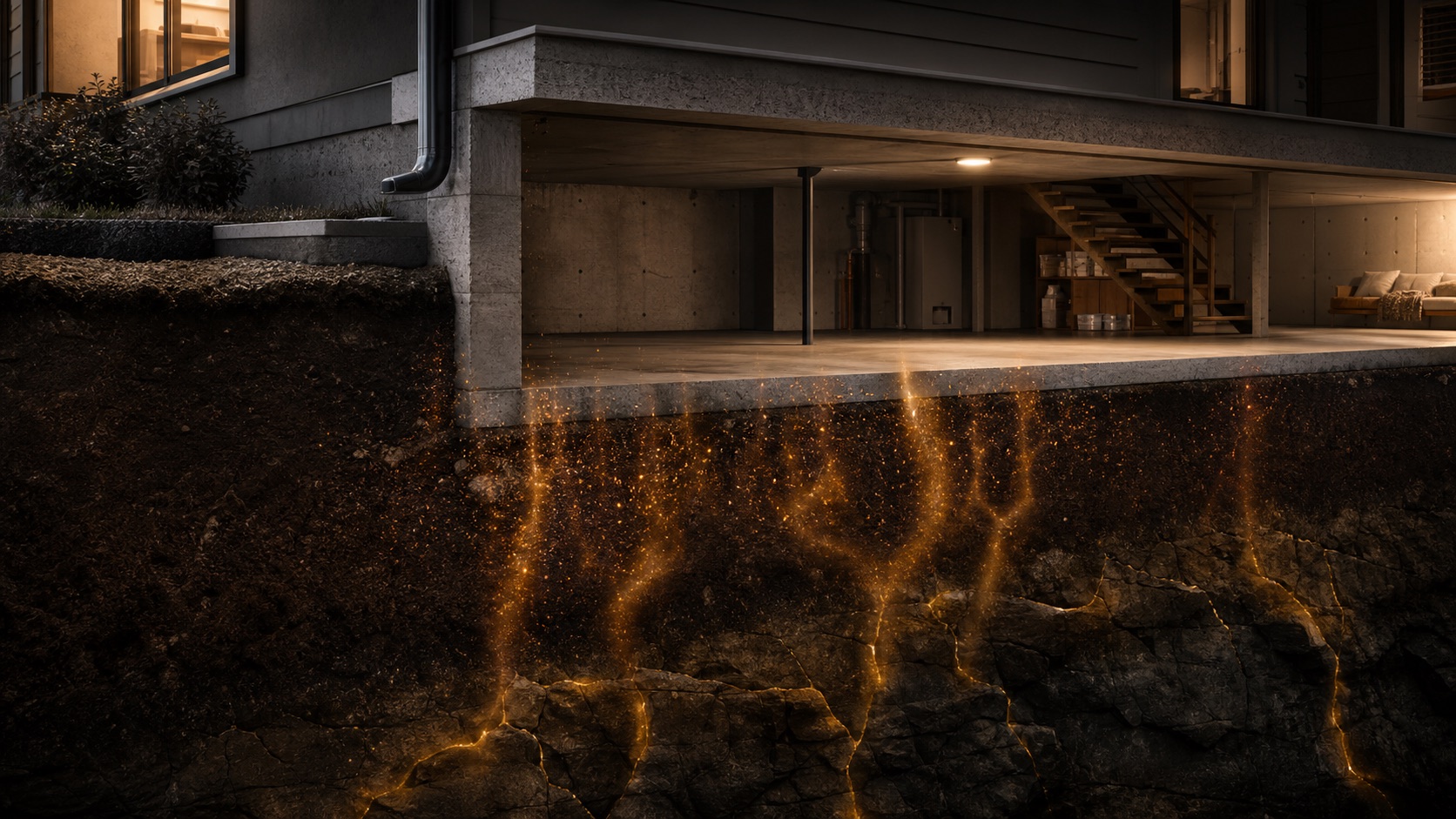 Cross-section showing radon gas rising from the soil and rock beneath a home's foundation