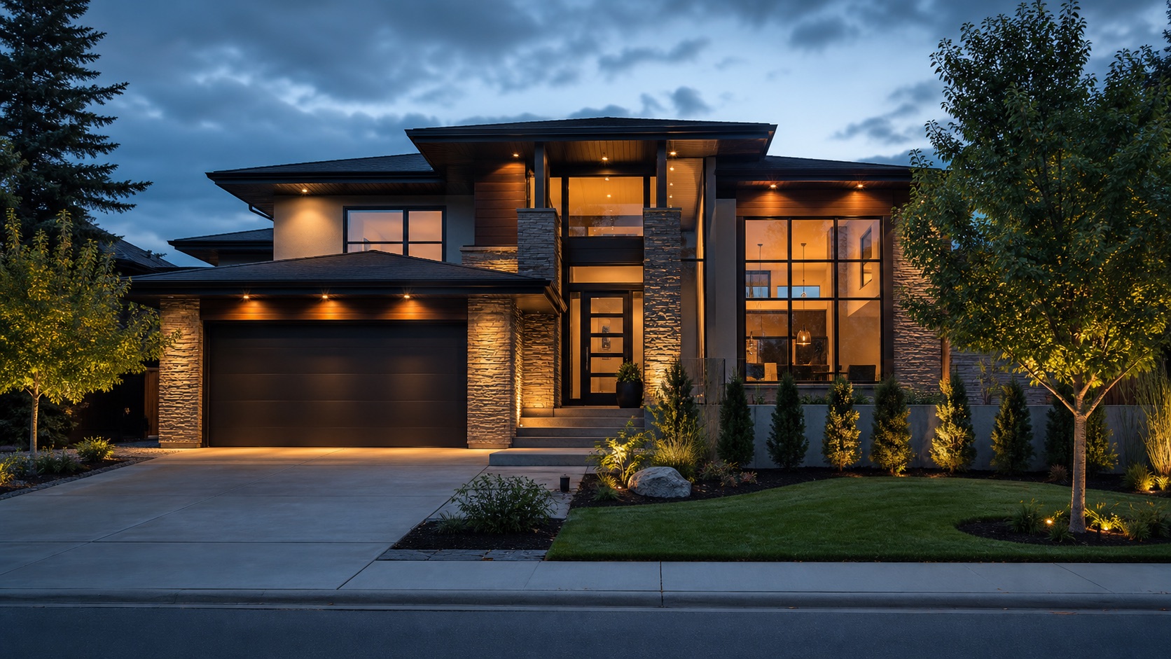 Elegant modern Calgary home at dusk, ready for sale