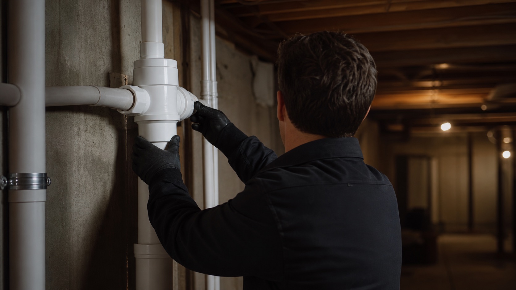 Technician installing a radon mitigation pipe system in a basement